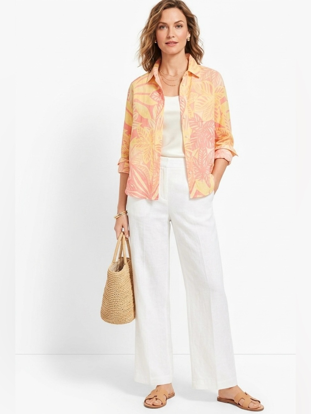 Talbots 100% Linen $99.50 NWT Tropical Leaf Button Down Top XS P2P 20”